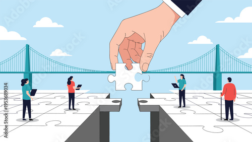 Giant hand placing a puzzle piece to complete a bridge across a chasm symbolizing collaborative problem solving and unity.