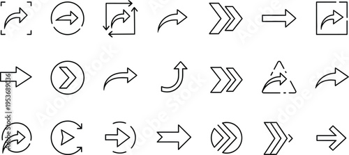 Black arrow direction pointer outline set for interface navigation
