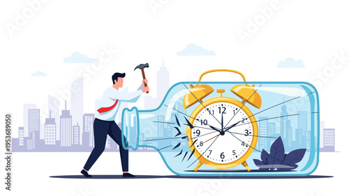 Businessman breaking a glass bottle containing an alarm clock with a hammer symbolizing breaking free from time constraints.