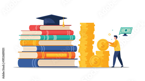 Student stacking gold coins next to a tall pile of books with a graduation cap symbolizing investment in higher education.