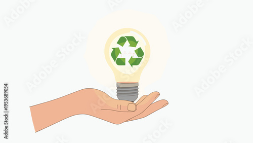 Human hand holding a glowing light bulb with a green recycling symbol inside representing sustainable energy innovation.