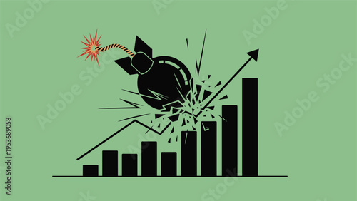 Economic crisis concept with a bomb exploding on a business bar graph indicating a sudden and violent market crash.