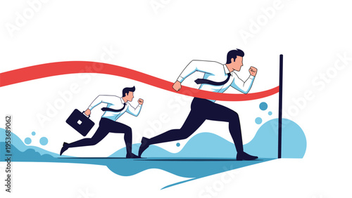 Two competitive businessmen in formal suits racing towards a finish line representing rivalry and success in corporate world.