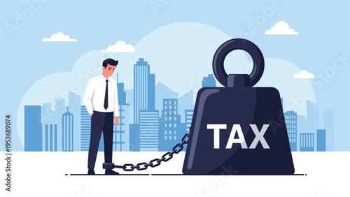 Tired businessman chained to a heavy weight labeled TAX in a city landscape representing the burden of financial taxation.