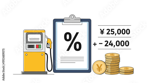 Fuel pump with a percentage sign and stacks of Japanese Yen coins representing rising gasoline prices and energy inflation.
