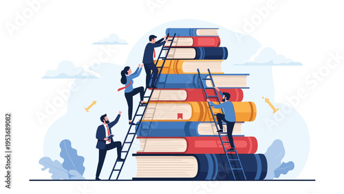Group of diverse people using ladders to climb a massive stack of books symbolizing the pursuit of knowledge and learning.