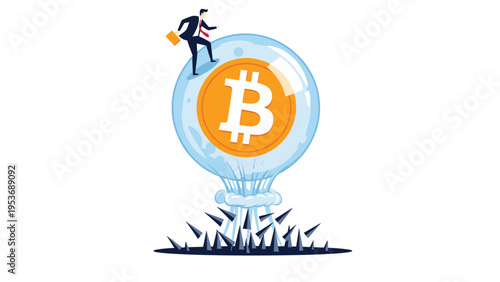 Risk concept showing a businessman walking on a Bitcoin bubble floating over sharp spikes representing crypto market volatility.