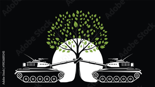 Peace and environmental protection concept showing two military tanks with their barrels tied together under a tree.
