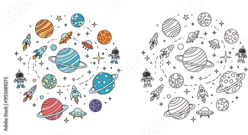 Vector Illustration Set of Outer Space Elements Featuring Planets, Astronauts, Rockets, and UFOs in Colorful and Line Art Styles for Kids Education and Coloring Book Activities