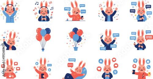 Cute Business Rabbit Character Set with Social Media Icons, Cartoon Bunny Mascots Expressing Emotions, Communication, Marketing, and Office Activities in Flat Vector Illustration