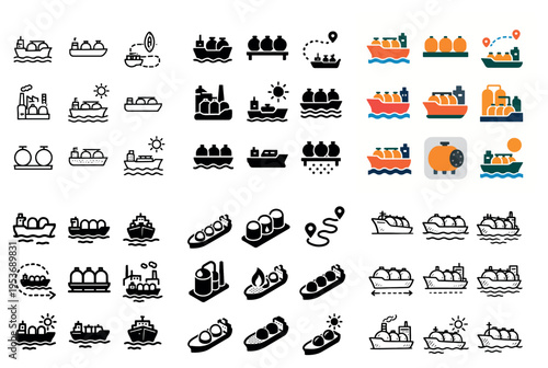 Maritime icons with tanker boat barge flat