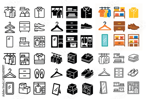 Clothing icons with hanger drawer shoe colorful