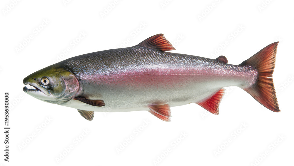 Obraz premium Fresh vibrant salmon fish with shimmering scales and reddish fins, isolated on transparent background, perfect for culinary, seafood, and nature designs PNG