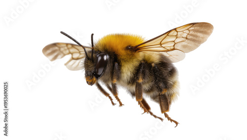 Fotografie Detailed fluffy bumblebee in dynamic flight, its fuzzy yellow and black body and