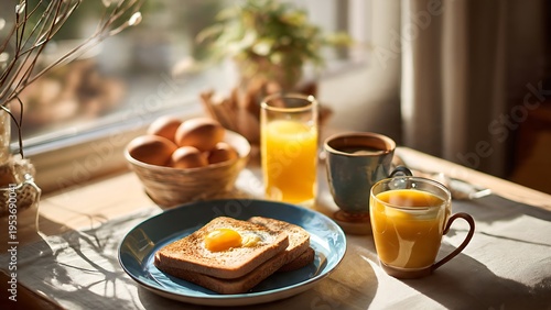 Breakfast table setting with eggs  toast  and orange juice