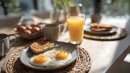 Eggs and toast on a plate with a glass of orange juice