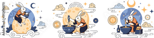 Cute Moon Rabbit Cooking Mochi Set with Traditional Asian Elements, Lunar Festival Bunny Characters Preparing Food in Decorative Flat Vector Illustration Collection