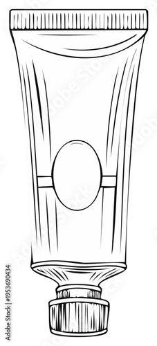 Line art illustration of a tube of paint with a cap. Artistic supplies.