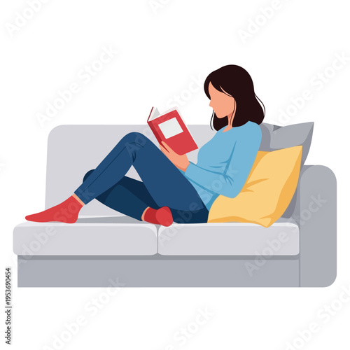 Vector illustration of woman sitting on a couch reading a book