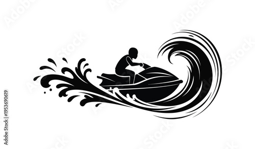 Silhouette of a person riding a jet ski in a wave creating a splash with motion and speed silhouette