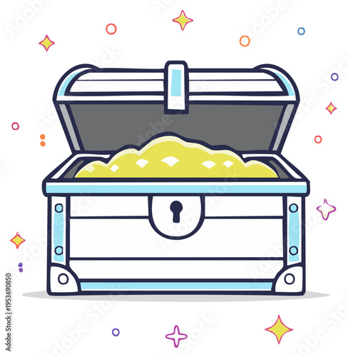 Treasure Chest Illustration Open with Gold Coins Surrounded by Stars and Circles in White and Light Blue Cartoon Style