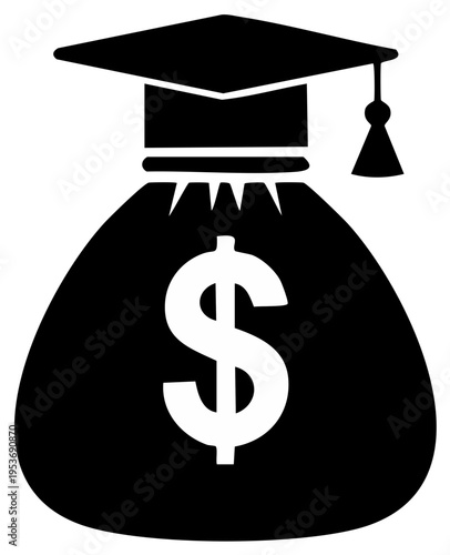 Money bag with dollar sign and graduation cap symbolizing the cost of education