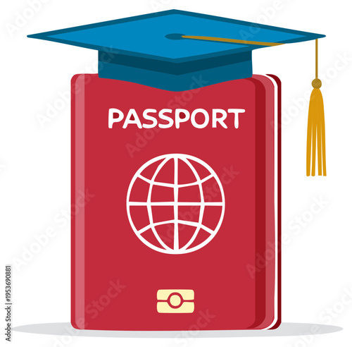 Passport topped with mortarboard, graduation and travel, concept art for study abroad and student global experiences