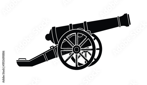 Silhouette of a classic cannon with wheels and barrel pointing right