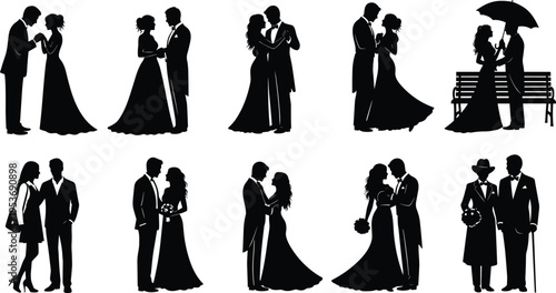 Set of romantic couple silhouettes in black and white featuring brides and grooms in various elegant poses perfect for wedding invitations and engagement card designs. (25 words)