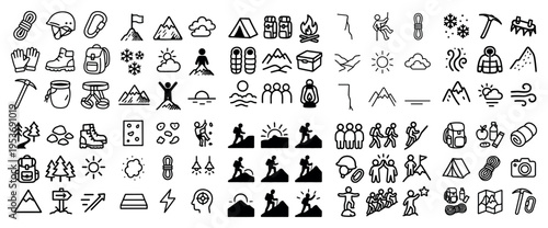 Adventure icons with pick helmet harness outline