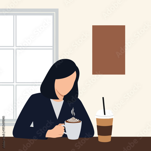 Vector illustration of woman sitting with coffee drinks at a table by a window indoors
