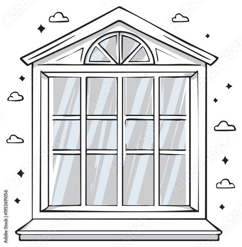 Sketch of Window with Clouds and Stars Architectural Illustration