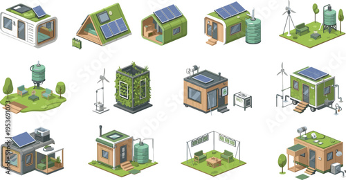 Sustainable Architecture Set with Eco Houses, Solar Panels and Green Energy Systems, Isometric Buildings Collection for Smart Living and Environmental Design Vector Illustration