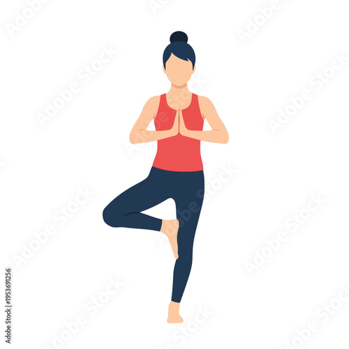 Vector illustration of woman in yoga tree pose with hands together