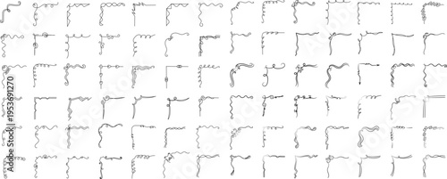 Collection of hand-drawn vector corner borders. Minimalist decorative elements featuring swirls, floral motifs, dots, and geometric lines. Perfect for page decoration, wedding invitations, greeting ca