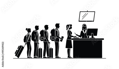 Business travelers in silhouette waiting at a hotel reception desk