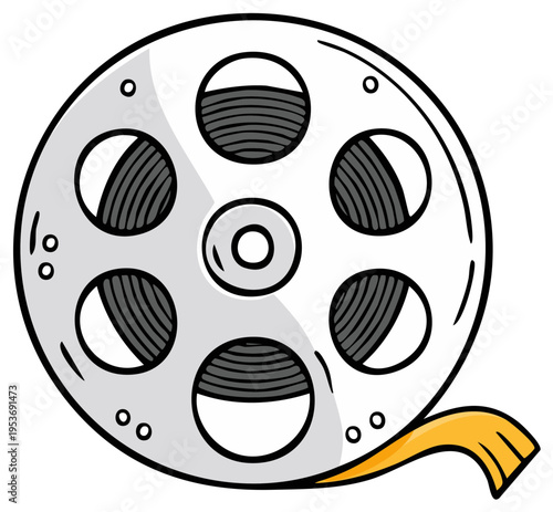 Illustration of film reel with film strip showing movie or video concept in vintage style