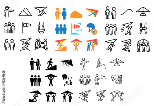 Outdoor icons with hang glider people flag colorful