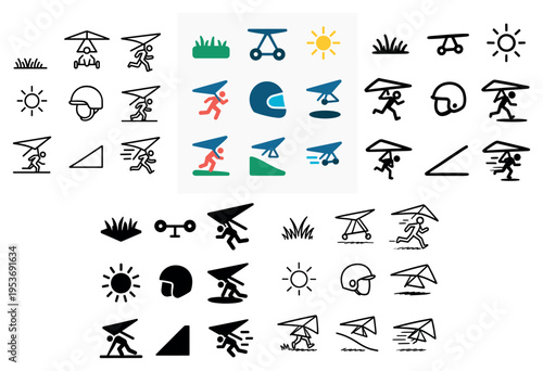Sports icons with helmet and hang glider flat