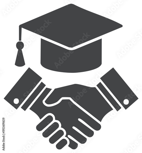 Academic collaboration and agreement concept graduation cap with handshake symbol in grayscale