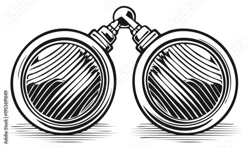 Vintage binoculars illustration in engraving style, detailed black and white design.