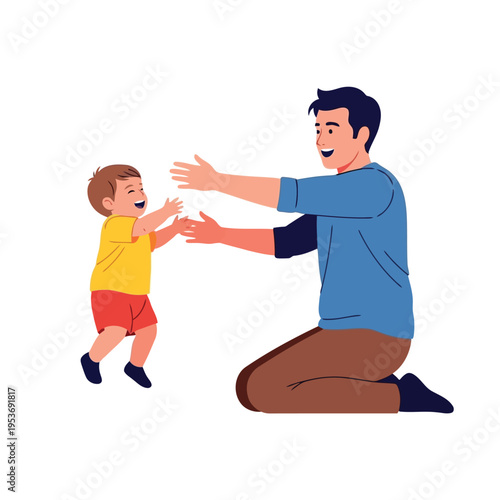 Vector illustration of a man and a little boy playing together happily