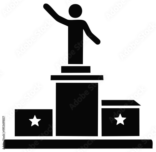 Stylized silhouette of a triumphant figure on the first place winners podium celebrating victory and championship