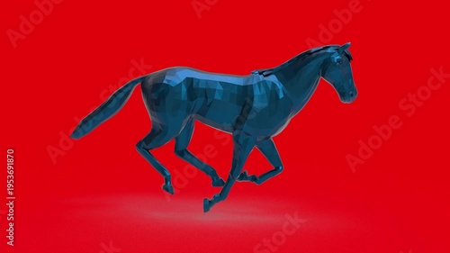 3D Animation Blue Horse Galloping, Metallic Equine, Loop, Red Screen Chromakey