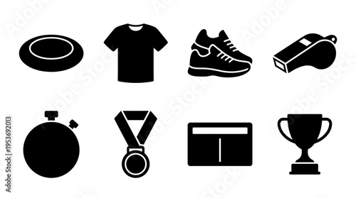 Ultimate Frisbee & Field Sports Vector Icon Set – Energetic Vectors Featuring Discs, Jerseys, Cleats, Whistles, Medals, Stopwatches, Scoreboards, and Trophies