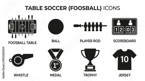 Foosball & Tabletop Sports Vector Icon Set – Playful Vectors Featuring Tables, Player Rods, Balls, Whistles, Scoreboards, Jerseys, Medals, and Trophies