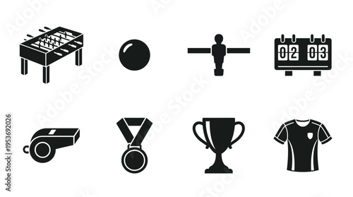 Foosball & Tabletop Sports Vector Icon Set – Playful Vectors Featuring Tables, Player Rods, Balls, Whistles, Scoreboards, Jerseys, Medals, and Trophies