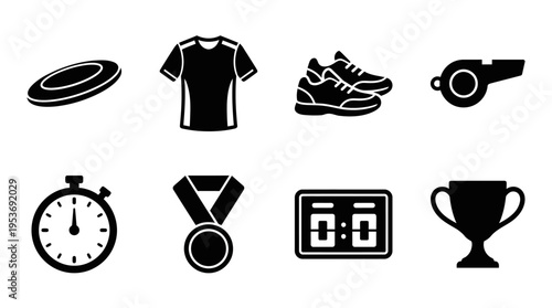 Ultimate Frisbee & Field Sports Vector Icon Set – Energetic Vectors Featuring Discs, Jerseys, Cleats, Whistles, Medals, Stopwatches, Scoreboards, and Trophies