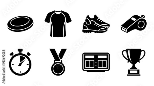 Ultimate Frisbee & Field Sports Vector Icon Set – Energetic Vectors Featuring Discs, Jerseys, Cleats, Whistles, Medals, Stopwatches, Scoreboards, and Trophies