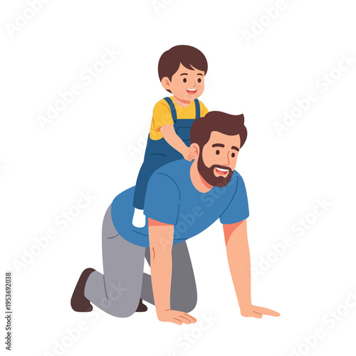 Vector illustration of a man kneeling with a child on his back in a playful pose